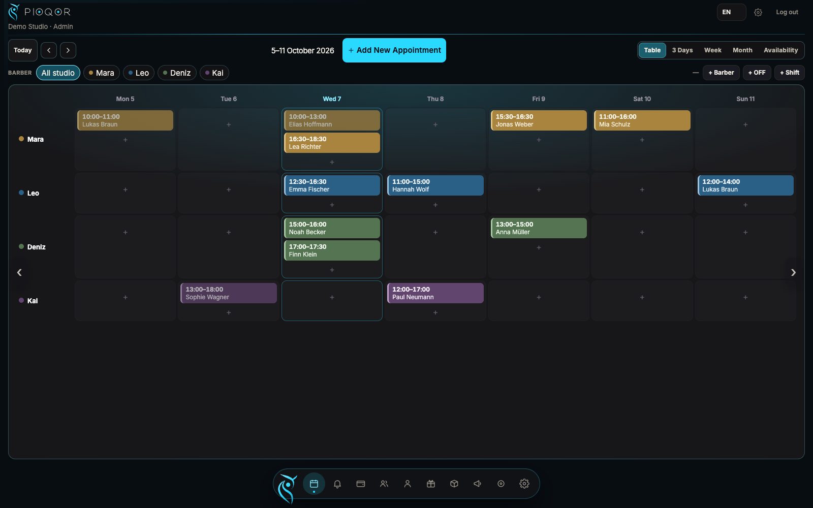 Pioqor calendar: week view with the whole team