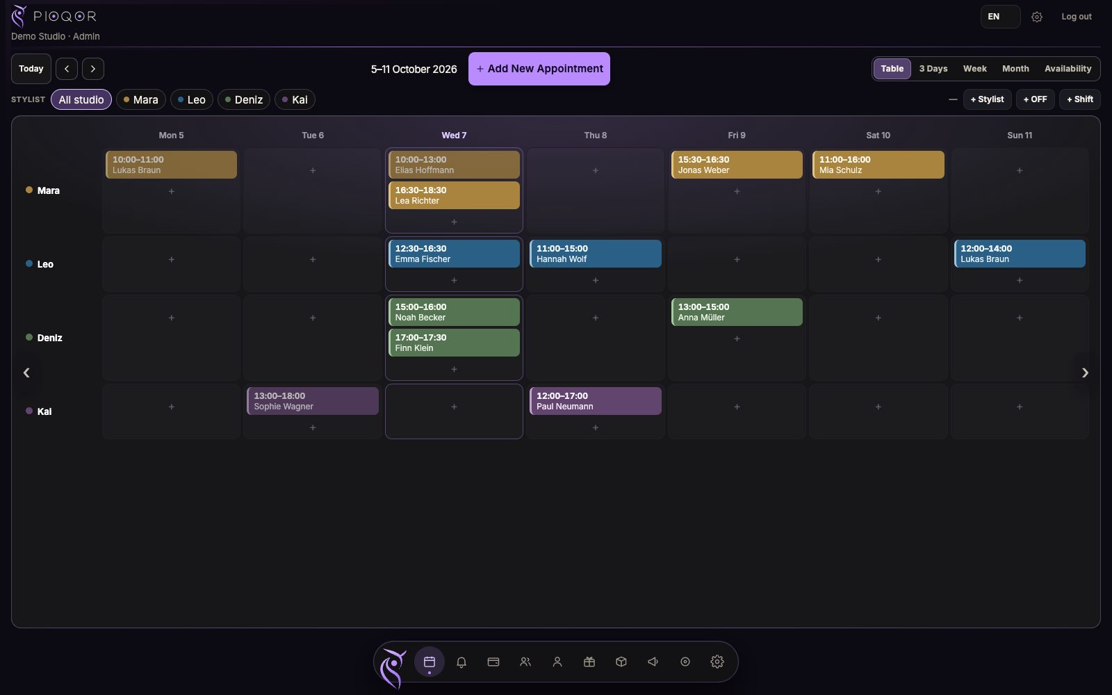 Pioqor calendar: week view with the whole team
