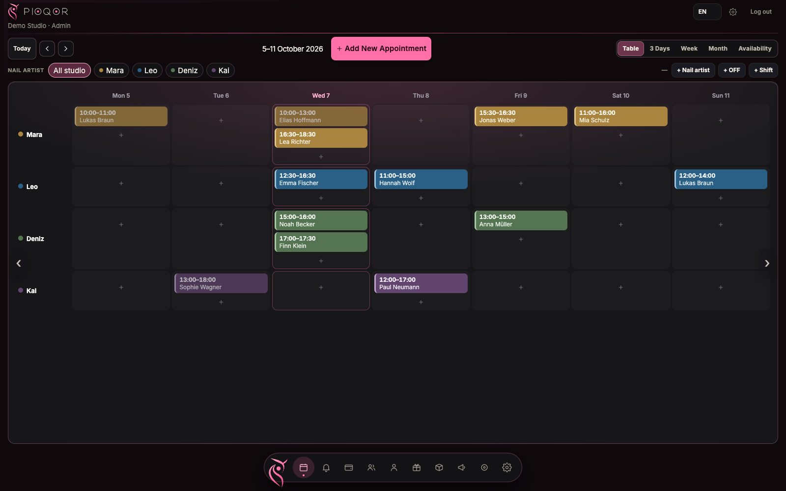 Pioqor calendar: week view with the whole team