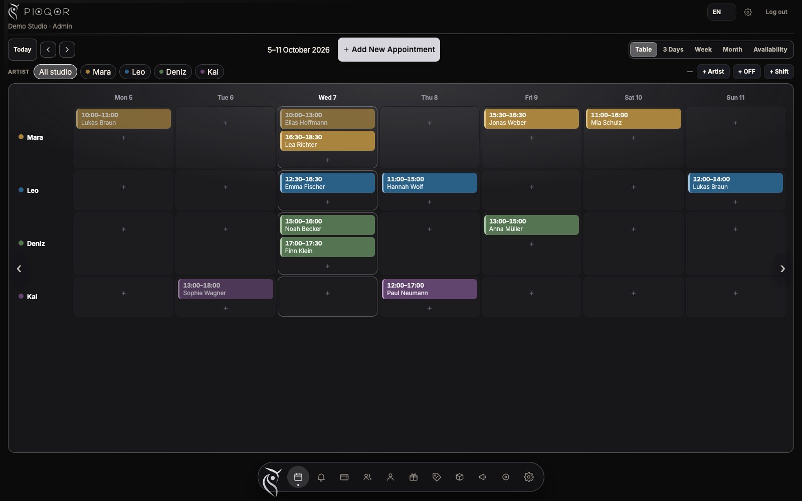 Pioqor calendar: week view with the whole team
